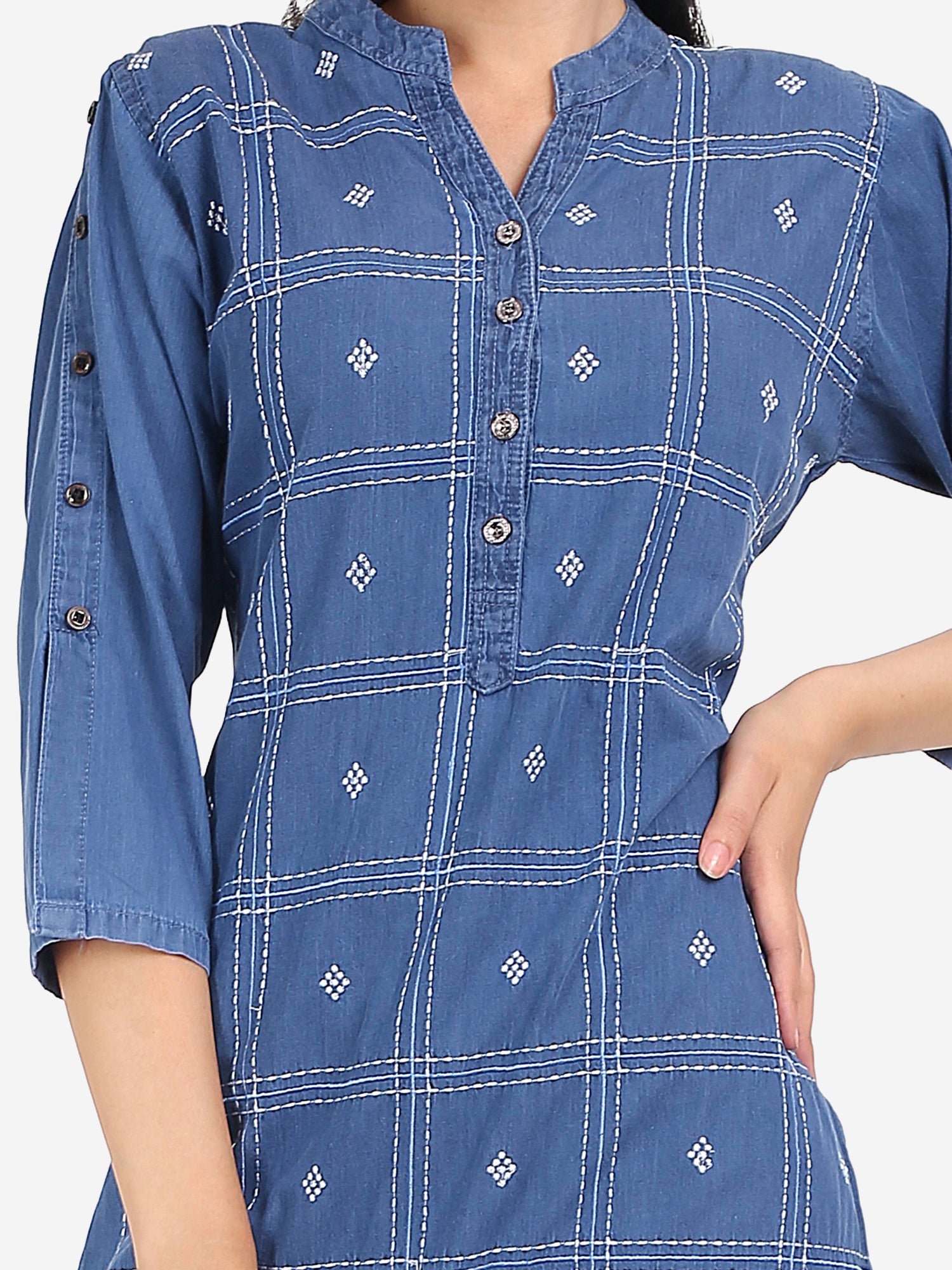 Close-up of the checkered embroidery detail on Cefalu®️ Women’s Blue Checkered Denim Kurti, highlighting the intricate pattern.