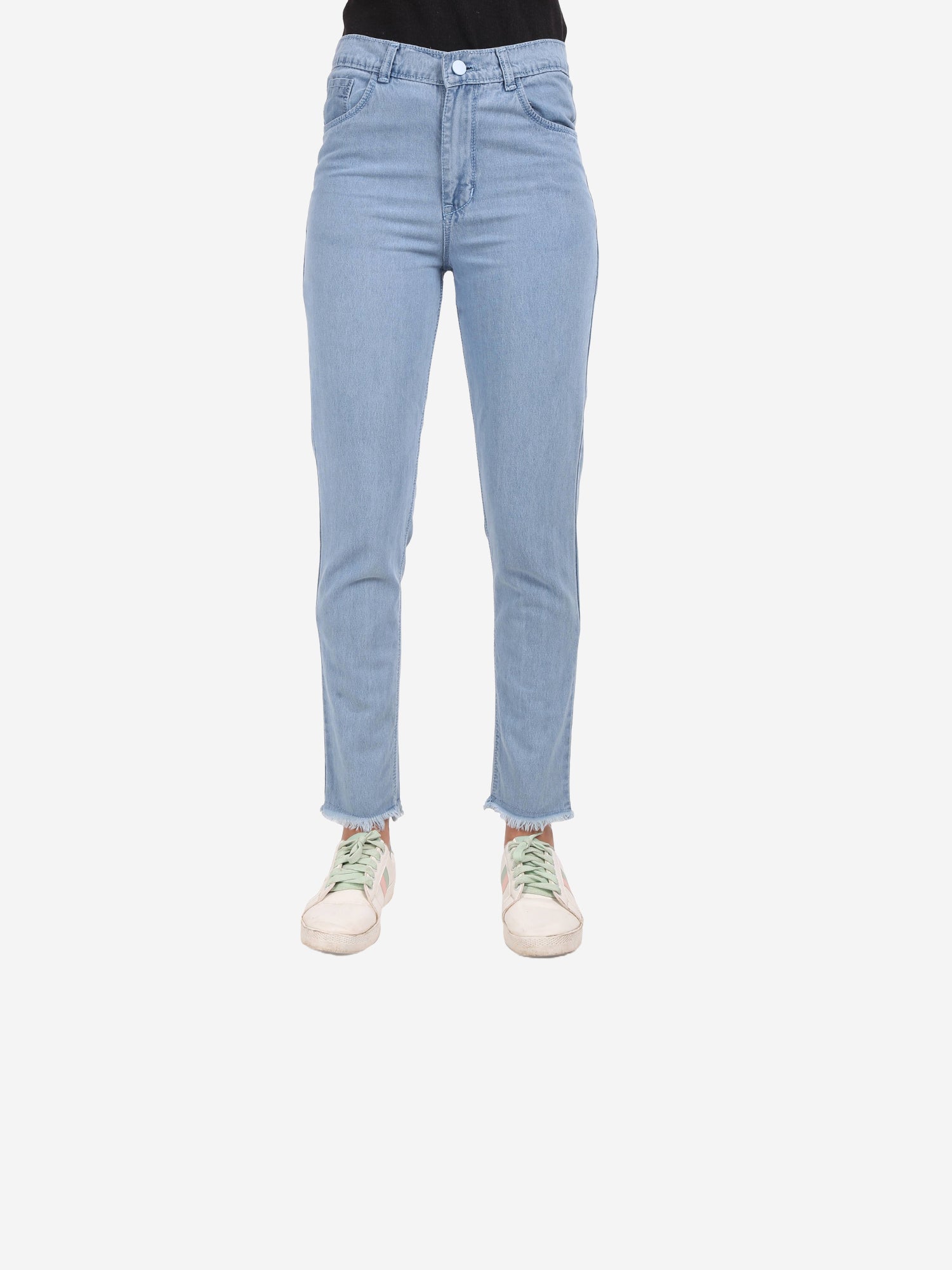 Cefalu Women's Blue Mid-Rise Mom Jeans - Front view showing trendy raw edge hem and flattering fit.