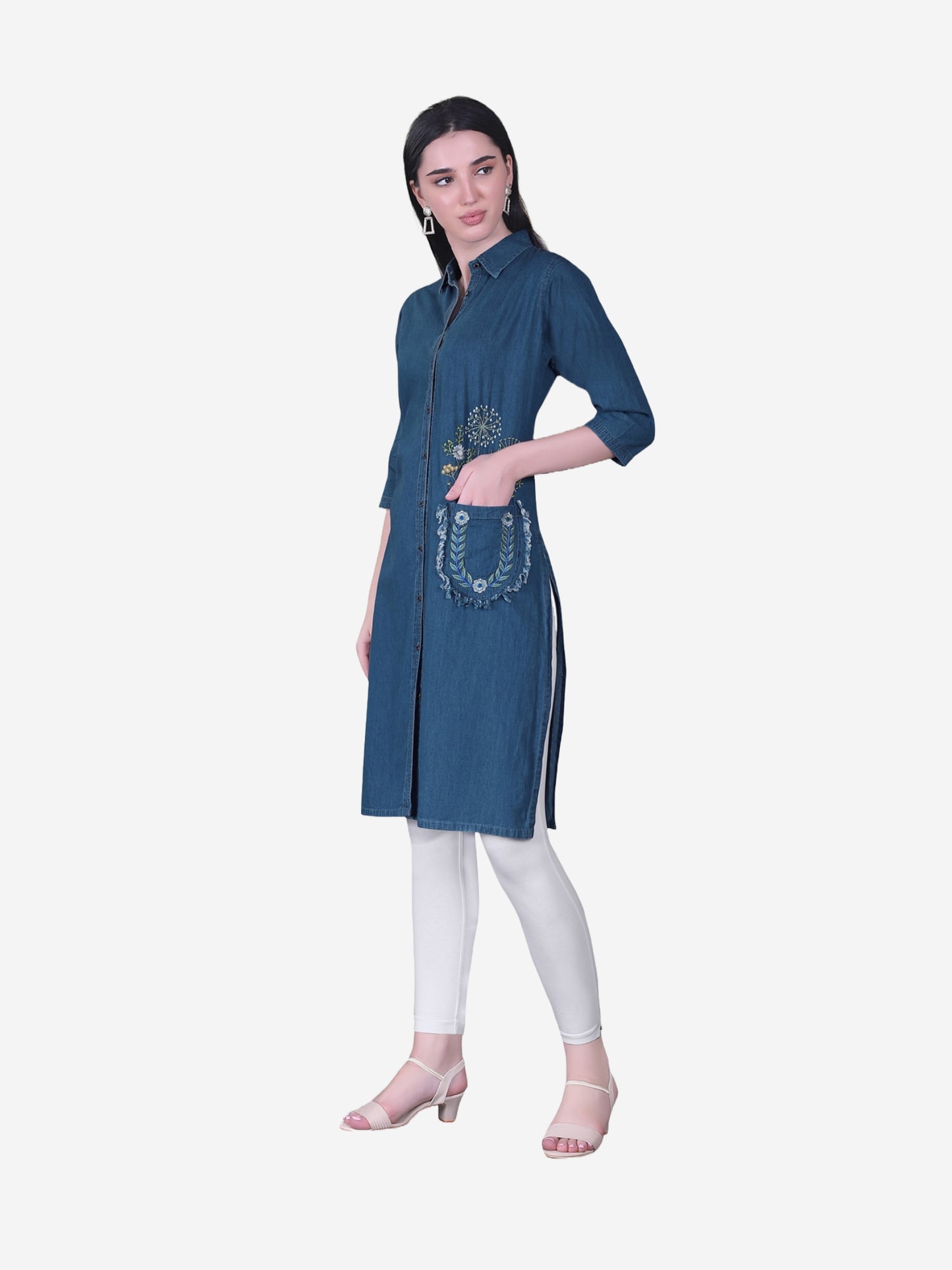 Cefalu Women’s Dark Blue Denim Kurti – Side view demonstrating the 3/4th sleeves and straight silhouette.