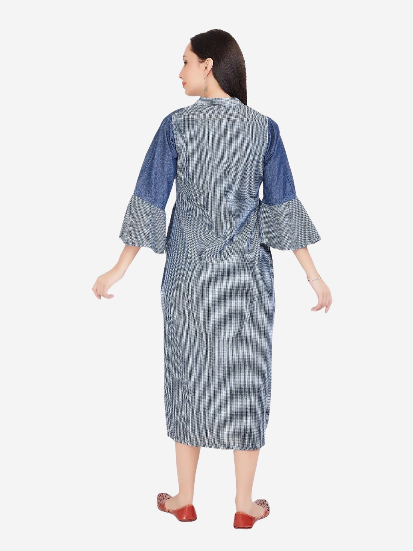 Back view of Cefalu Women's Maternity Dress in Blue, highlighting the calf-length and side zip closure.