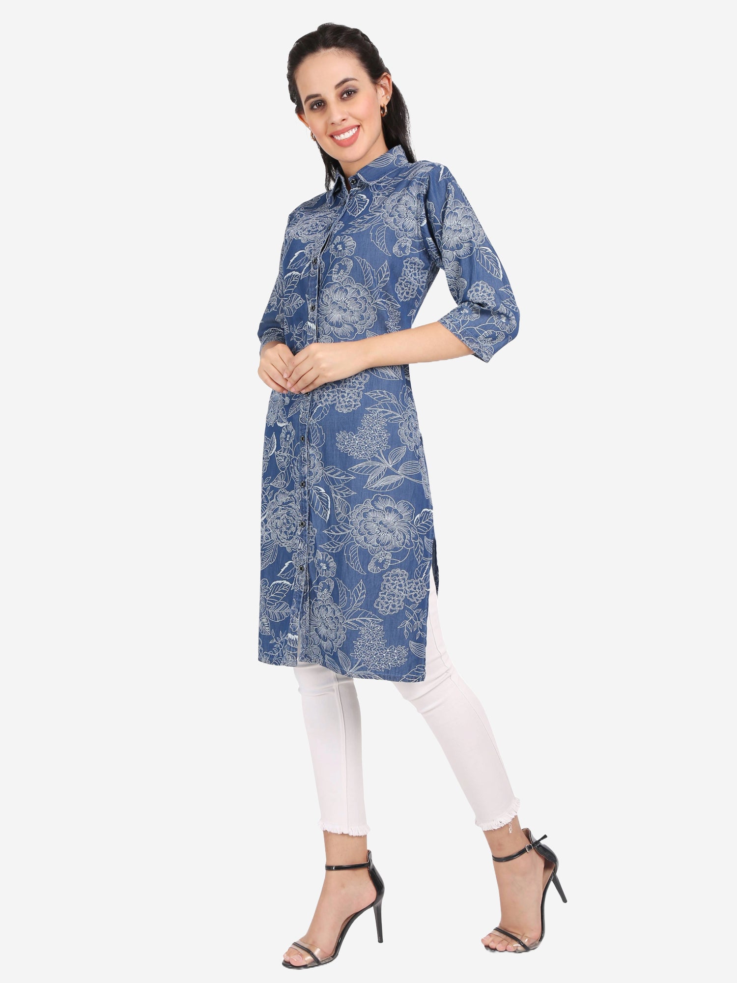 Model wearing Cefalu®️ Women’s Blue Denim Kurti, illustrating the fit, floral print, and mandarin collar in a stylish setting.