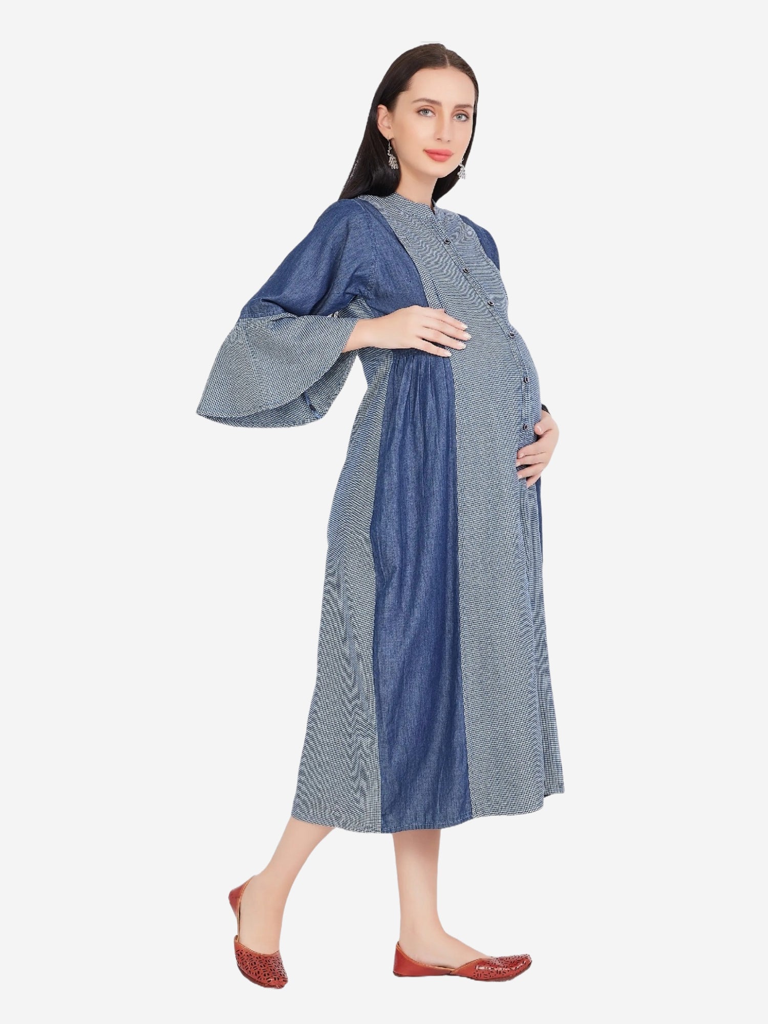 Side view of Cefalu Women's Maternity Dress in Blue, featuring the 3/4th bell sleeves and stylish fit.