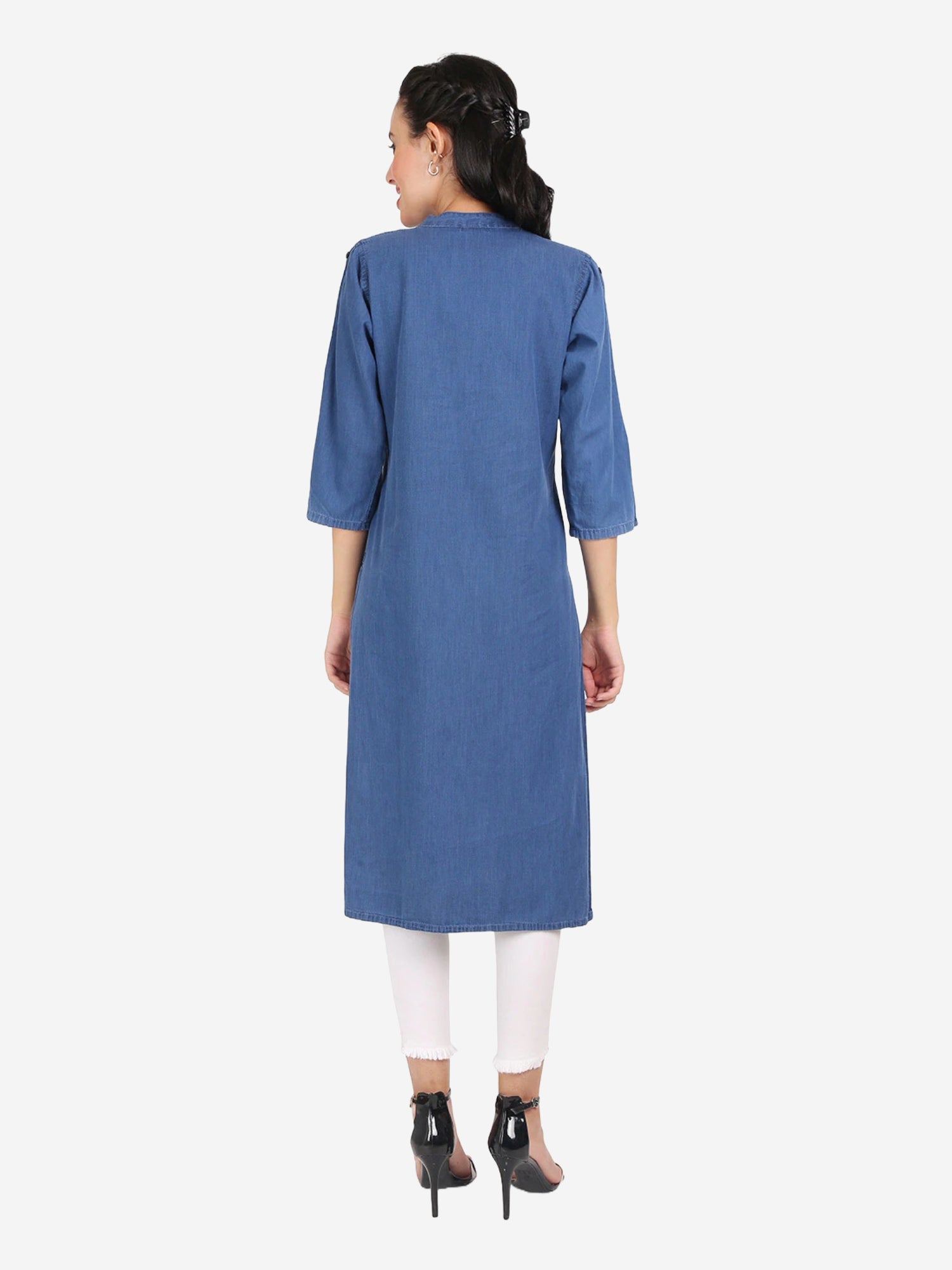 Back view of Cefalu®️ Women’s Blue Checkered Denim Kurti showing the full length and overall design.