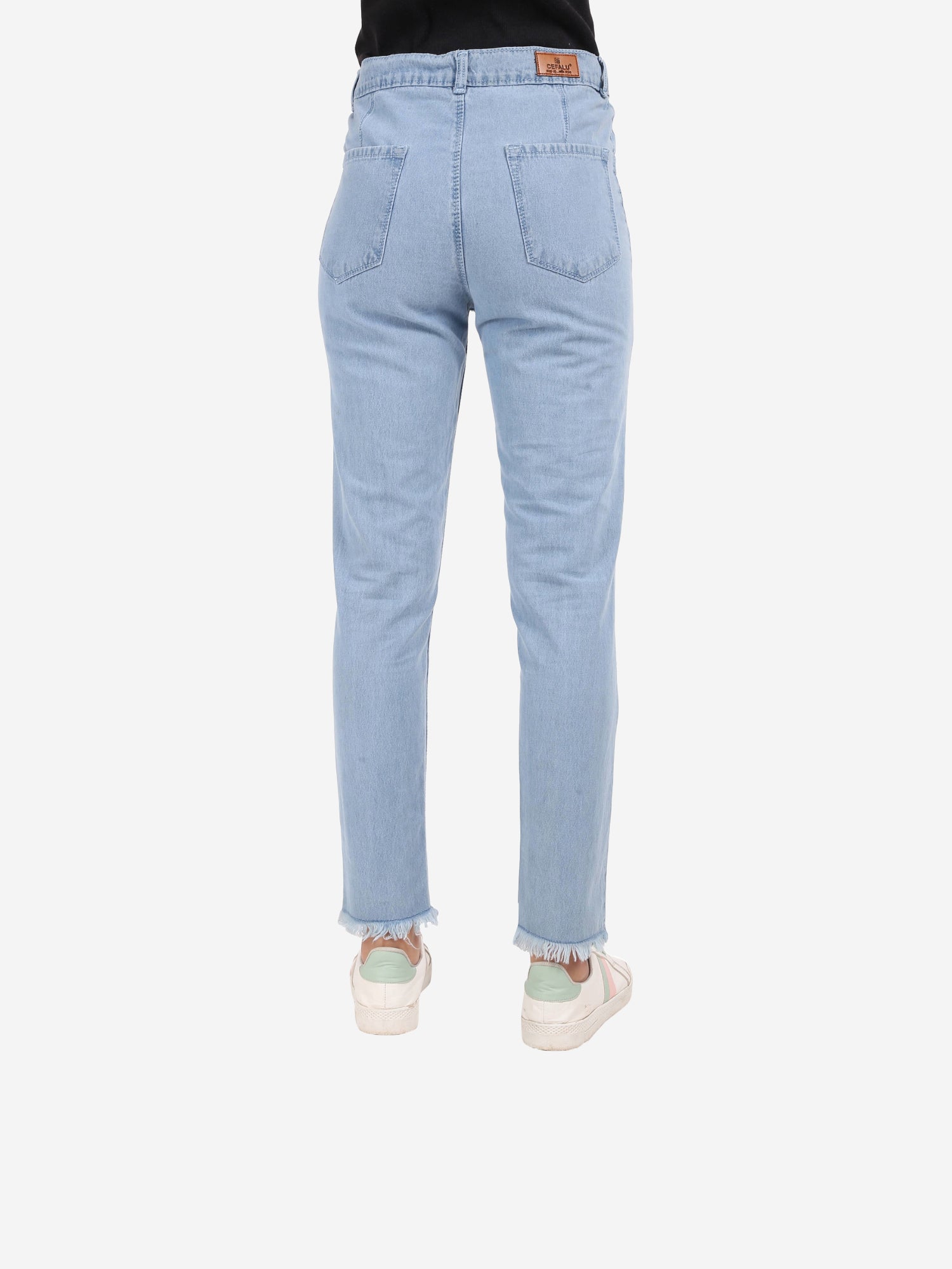 Cefalu Women's Blue Mid-Rise Mom Jeans - Back view showcasing classic design and comfortable fit.