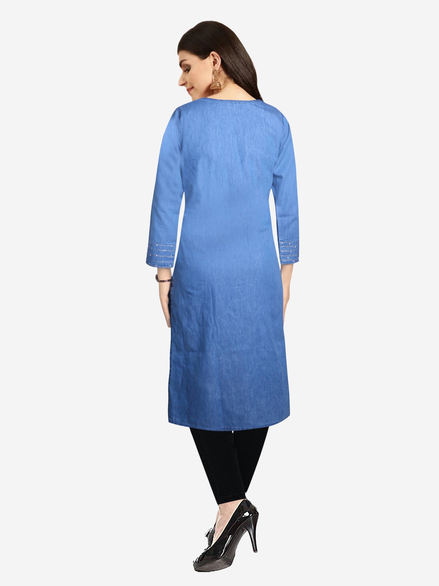 Back view of the Cefalu Women’s Blue Denim Kurti, showing the full length and clean, simple lines.