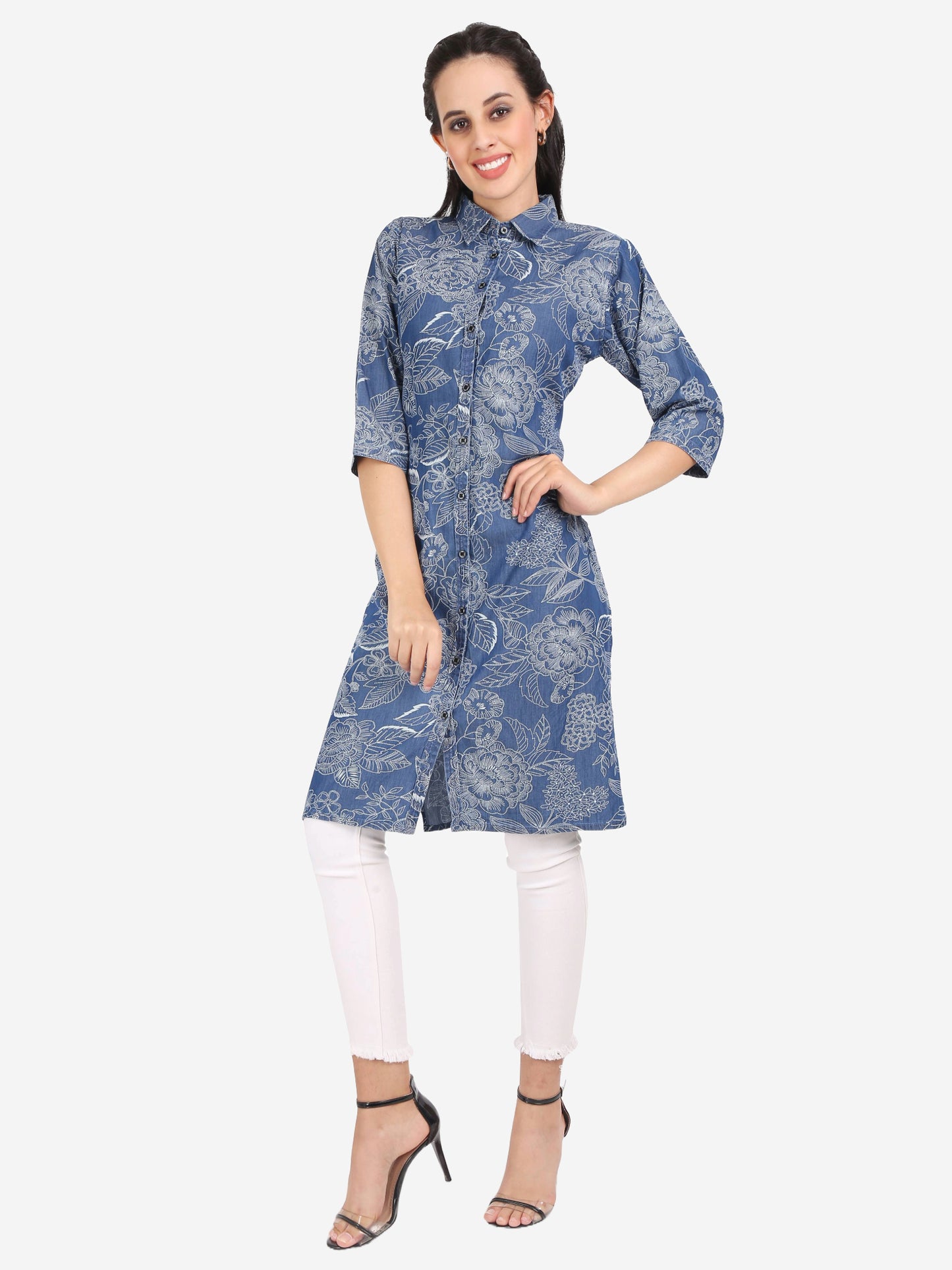 Front view of Cefalu®️ Women’s Blue Denim Kurti featuring a floral print, mandarin collar, and calf-length design.