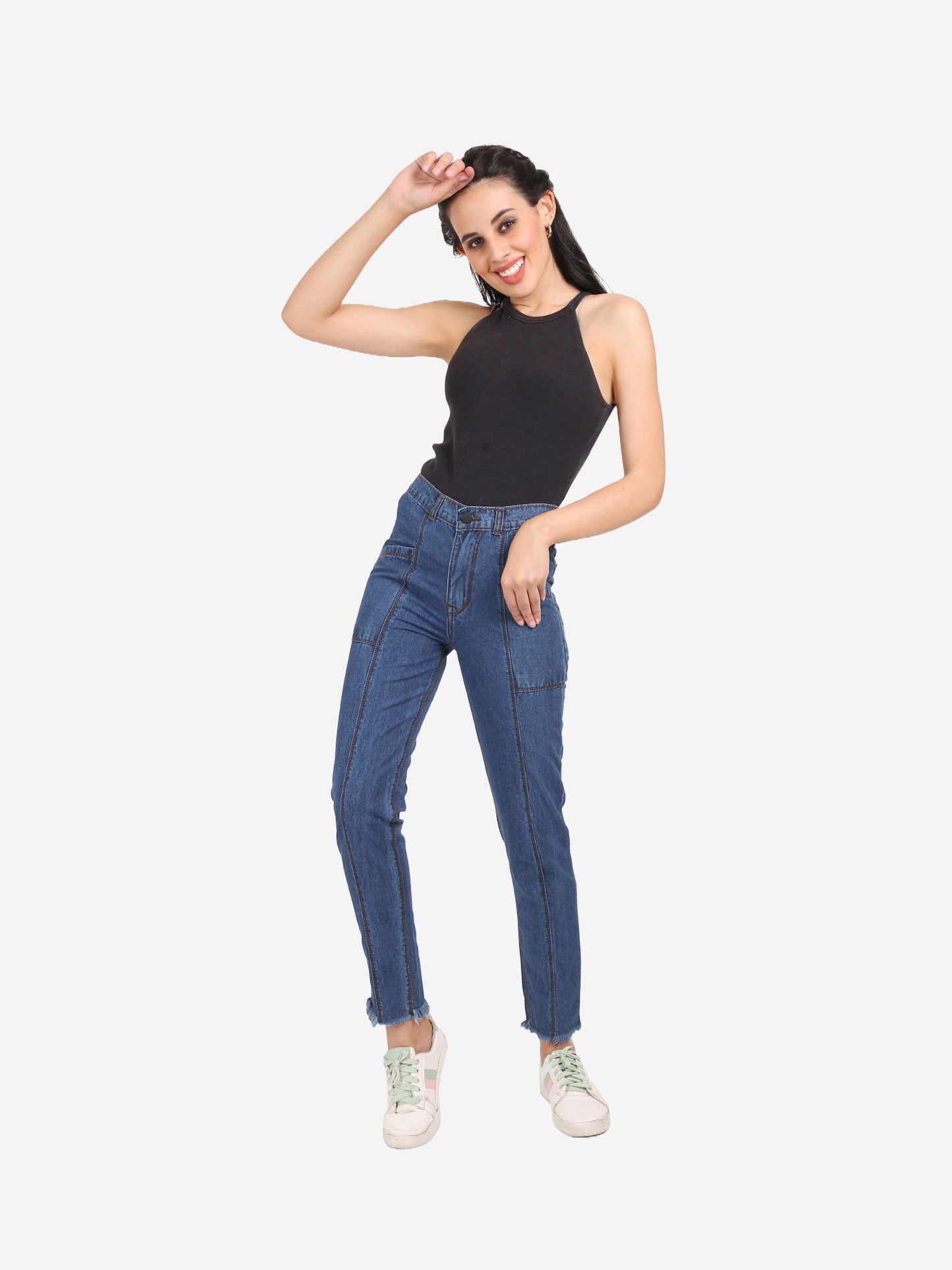 Cefalu®️ Women's High Waist Mom Jeans – Trendy Blue Denim with Raw Edge & Comfortable Fit – Shop Now!