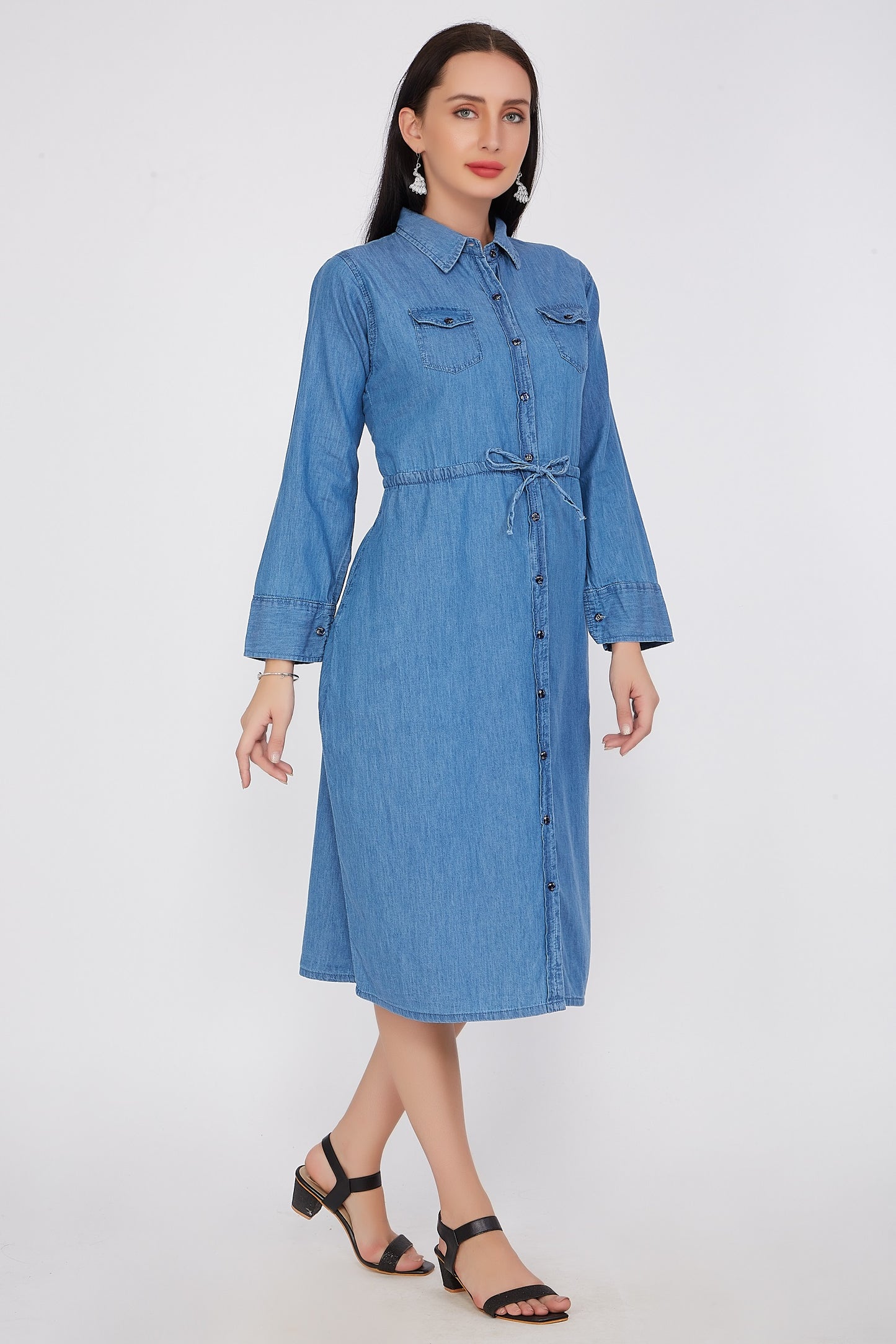 Side view of Cefalu®️ Women’s Blue Shirt Dress, displaying the below-knee length, full sleeves, and overall silhouette.