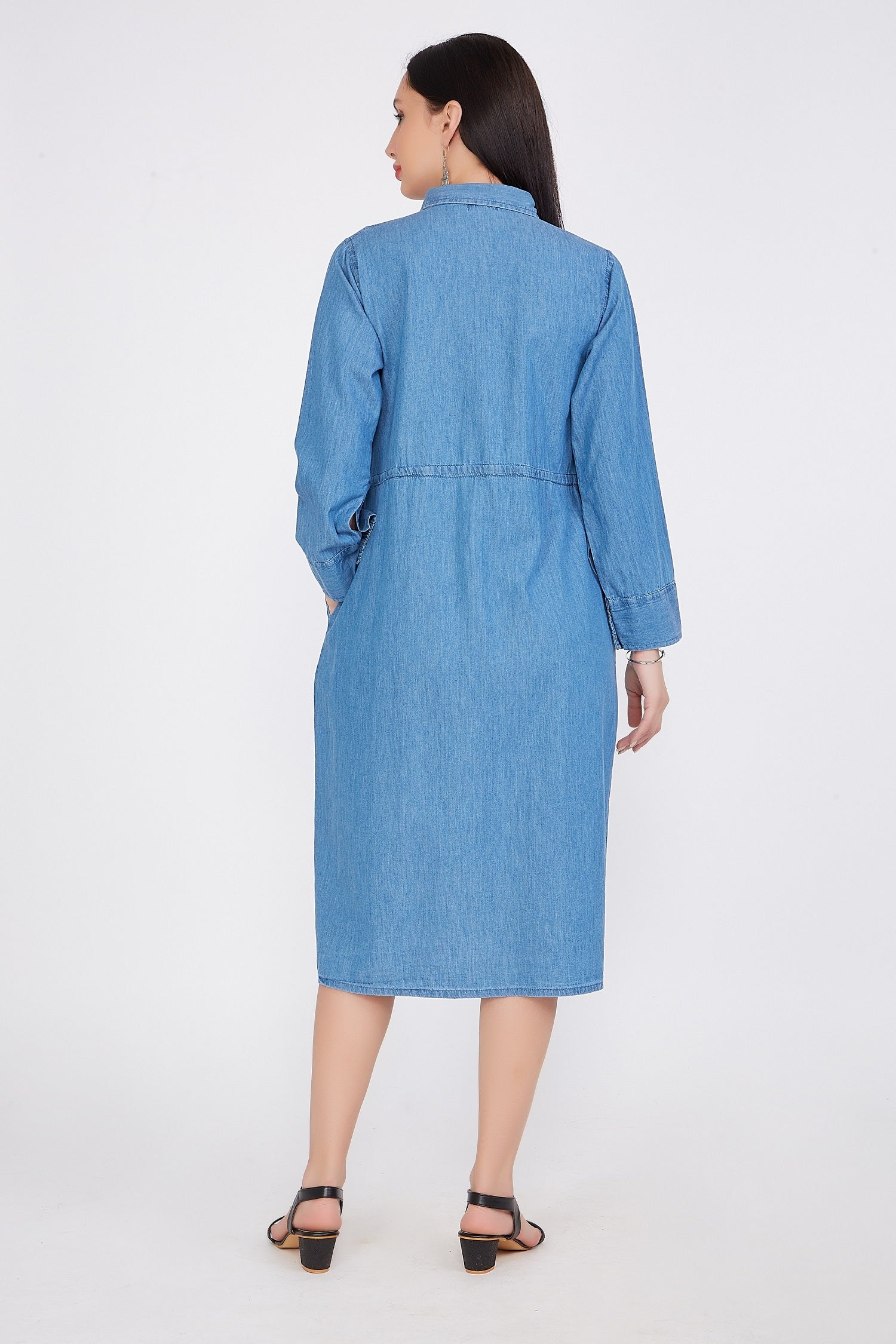 Back view of Cefalu®️ Women’s Blue Shirt Dress, highlighting the full-length design and adjustable denim belt.