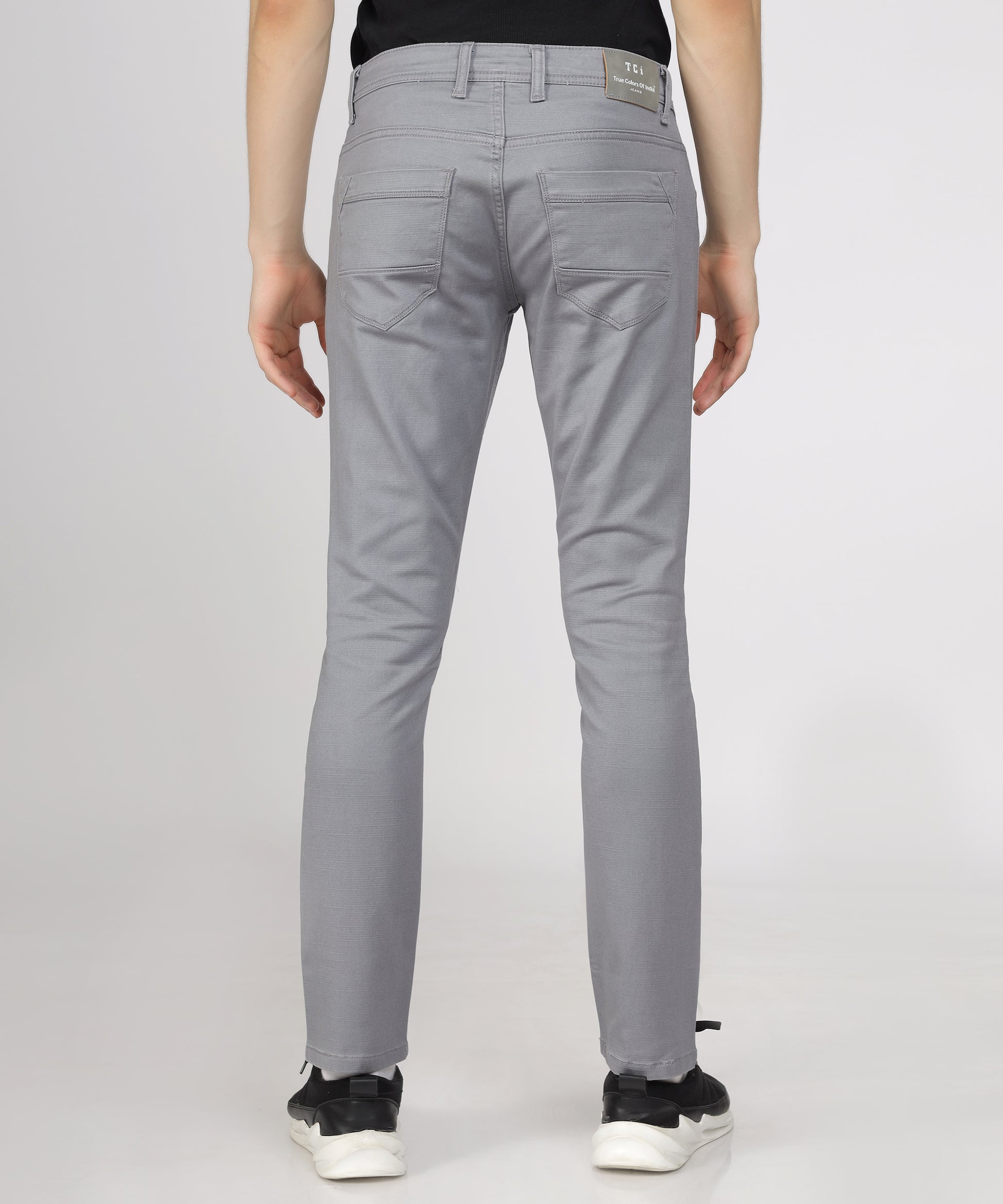 Back view of TCI Men’s Light Grey Regular Fit Trousers displayed.