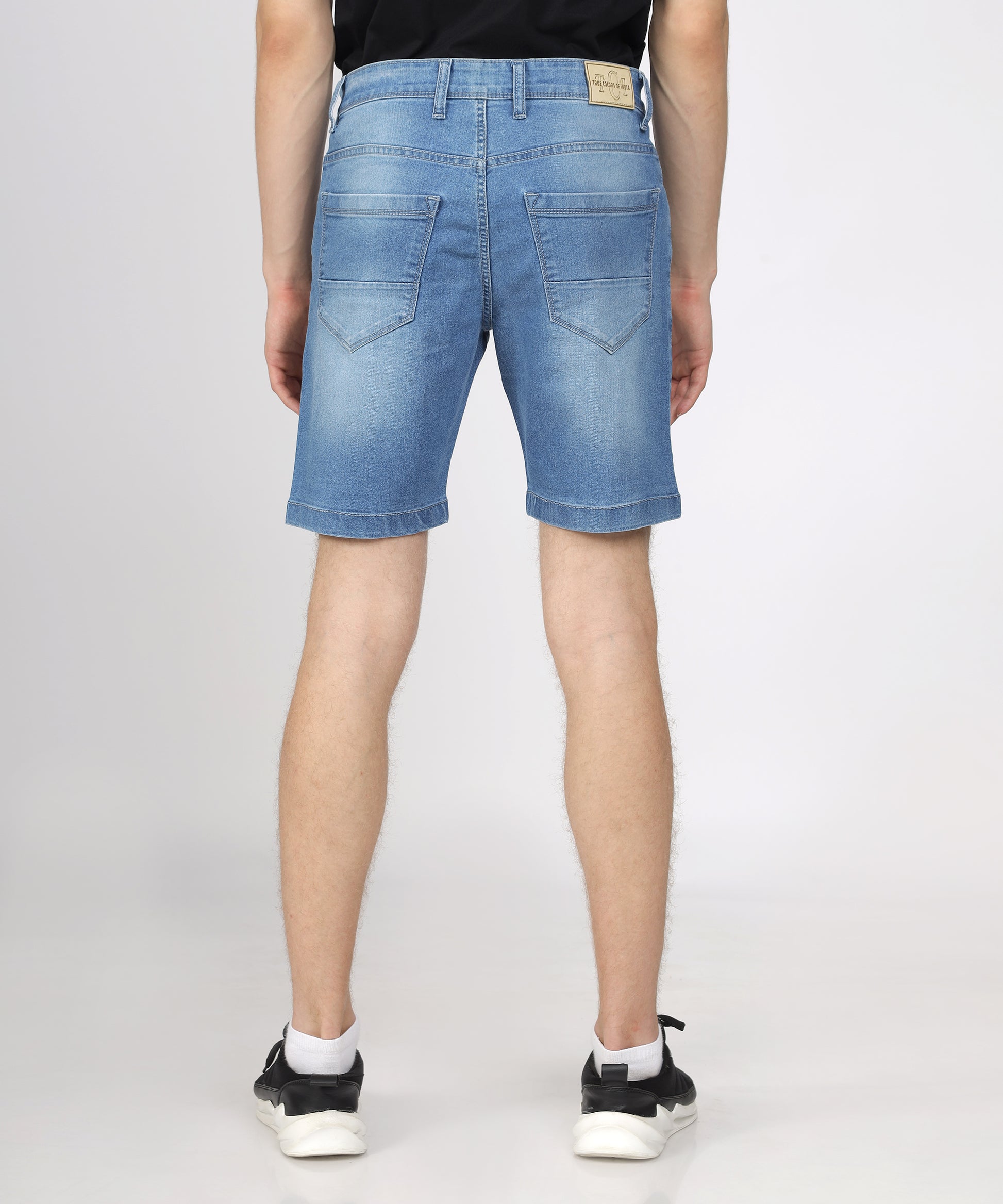 Back view of TCI Men’s Light Blue Regular Fit Denim Shorts displayed.