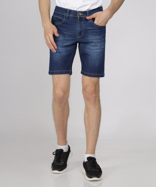 TCI Men’s Mid Blue Regular Fit Denim Shorts displayed.