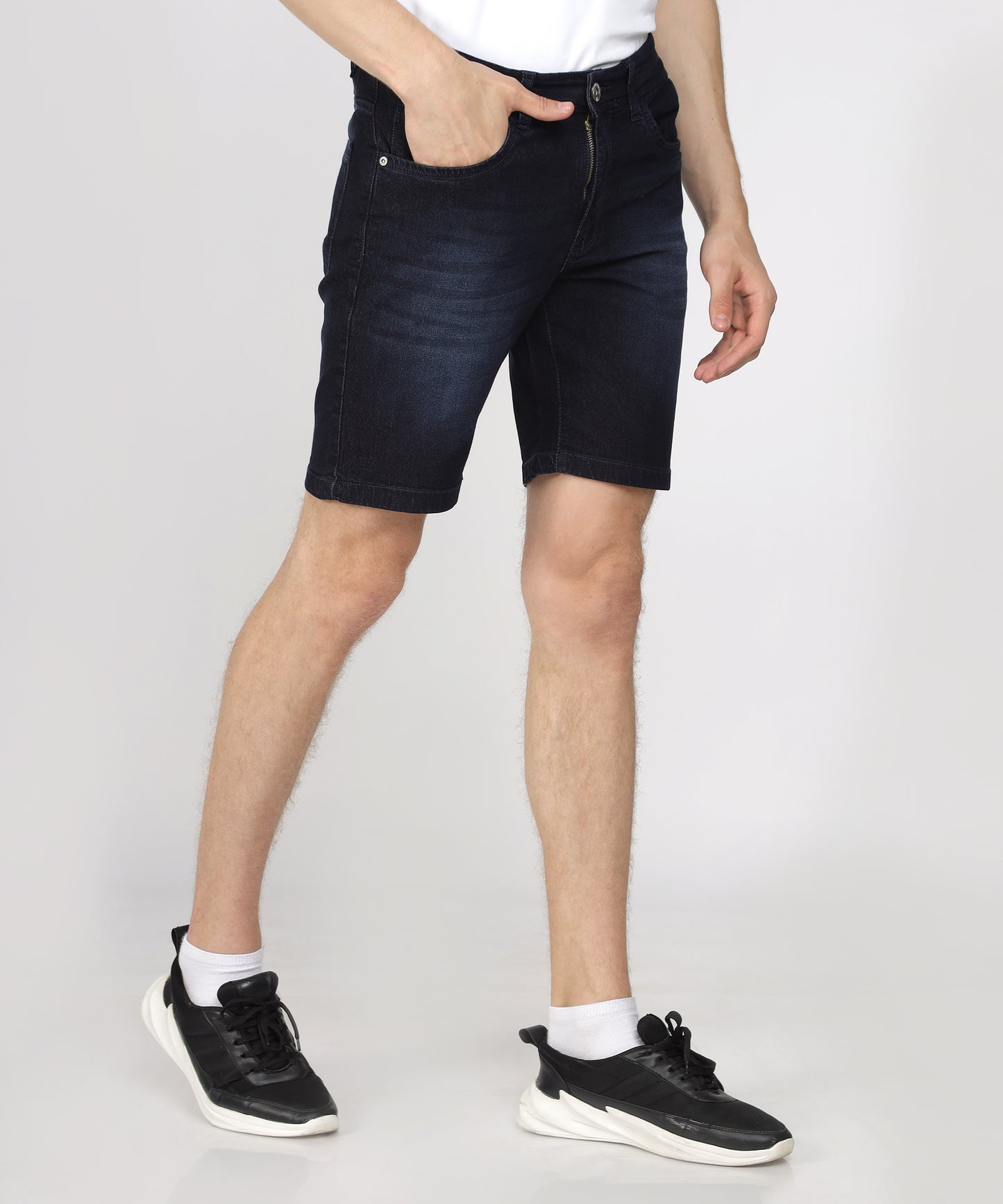 Knee length design of TCI Men’s Nevy Blue Denim Shorts.