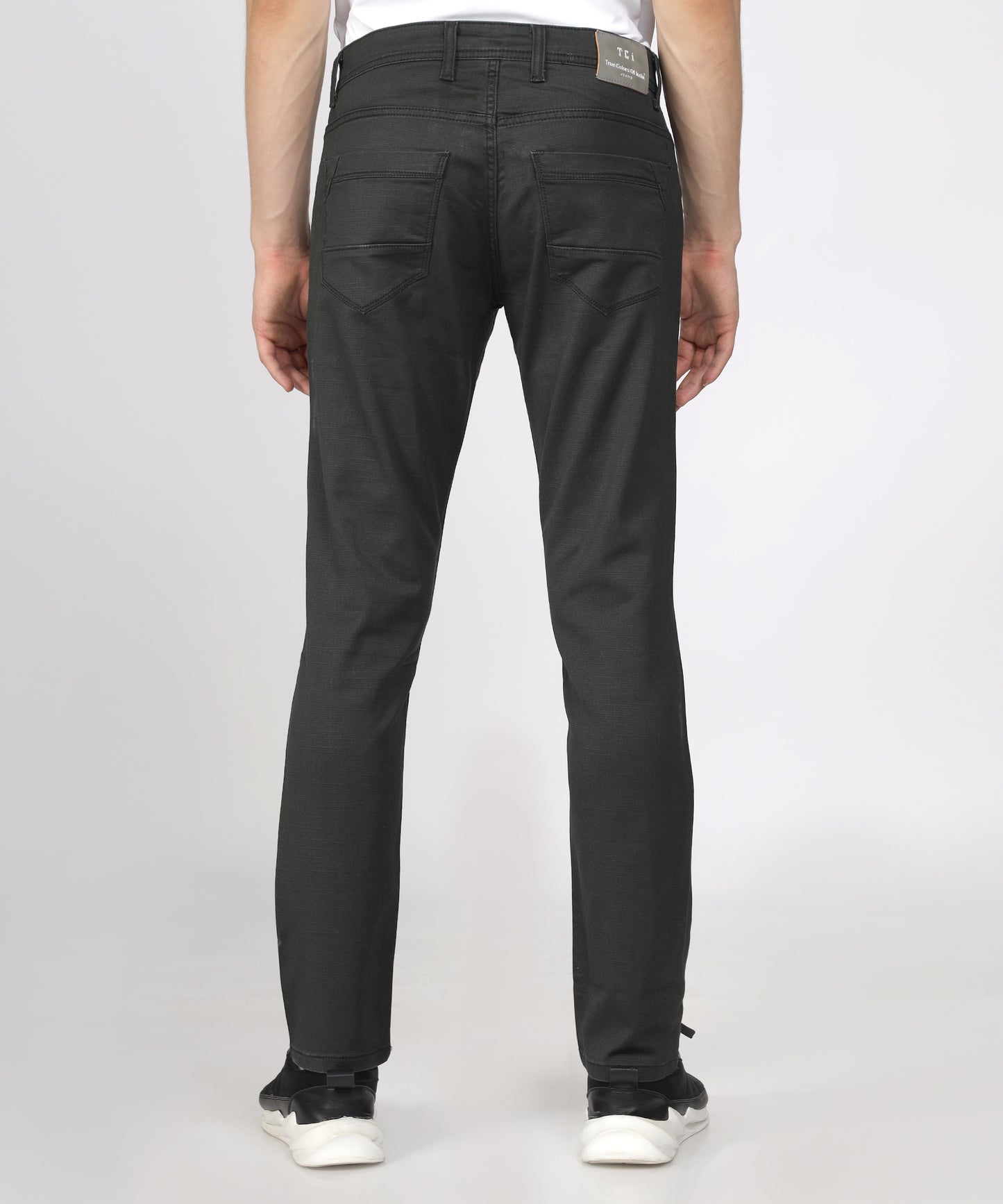 back view of TCI Men’s Olive Green Regular Fit Trousers displayed.