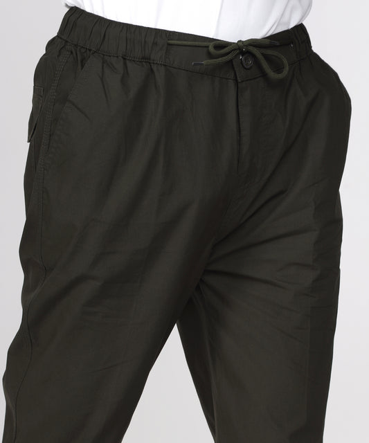 Closeup of TCI Men’s Dark Green Comfort Fit Cotton Trouser Fabric and Details