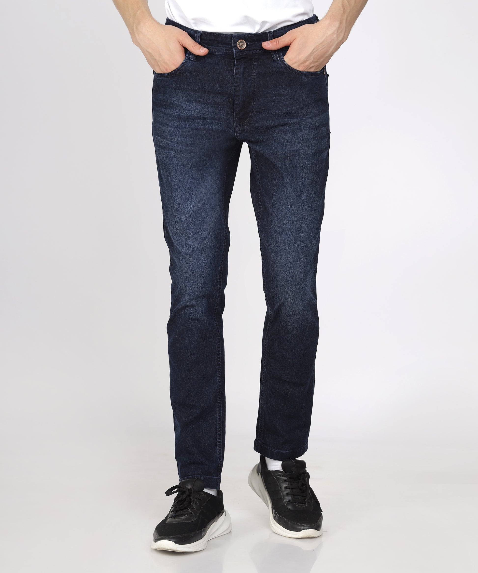 TCI Men’s Ink Blue Slim Fit Stretchable Jeans displayed on a model.