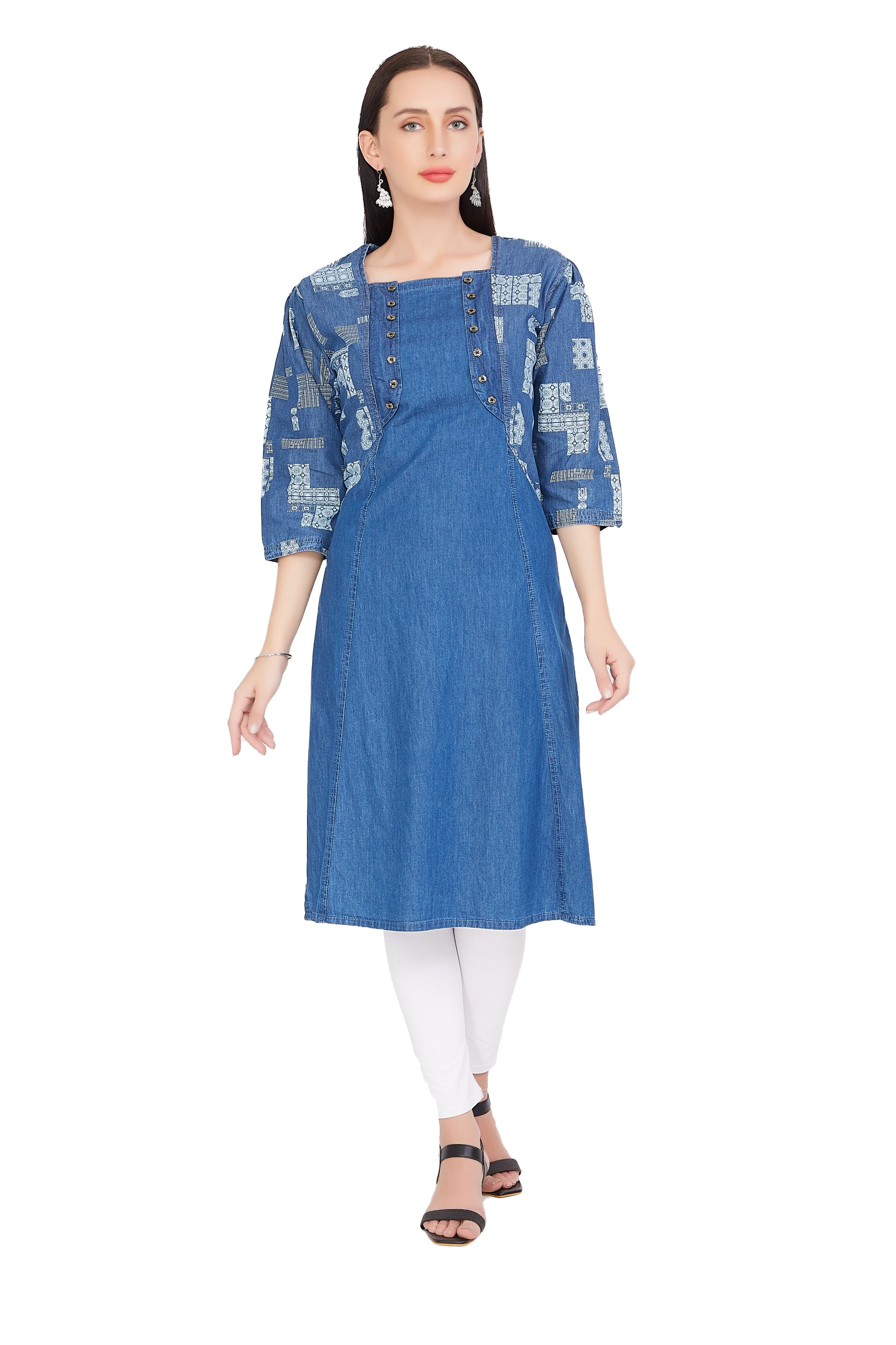 Cefalu®️ Women’s Blue Denim Kurti with attached printed jacket, featuring a square neck and 3/4 sleeves, falling below the knee.