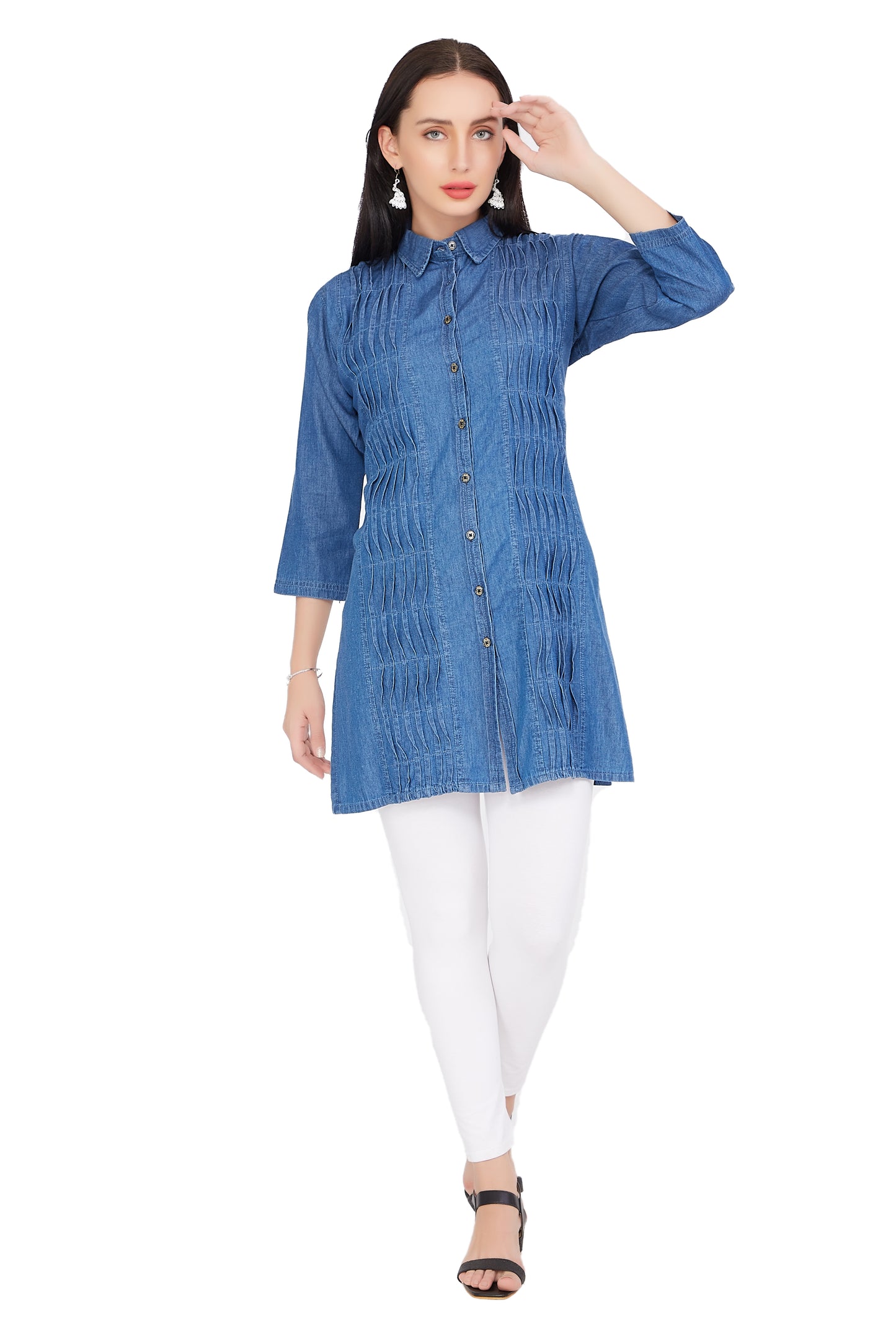 Model wearing Cefalu®️ Women’s Blue Cotton Blend Denim Kurti, demonstrating the short, straight cut, shirt collar, and pintuck details in a stylish setting.